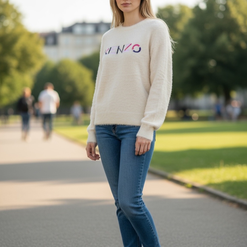 Kenzo Kids Faux Fur Logo Sweater 14Y Fits Women XS Off White K15592